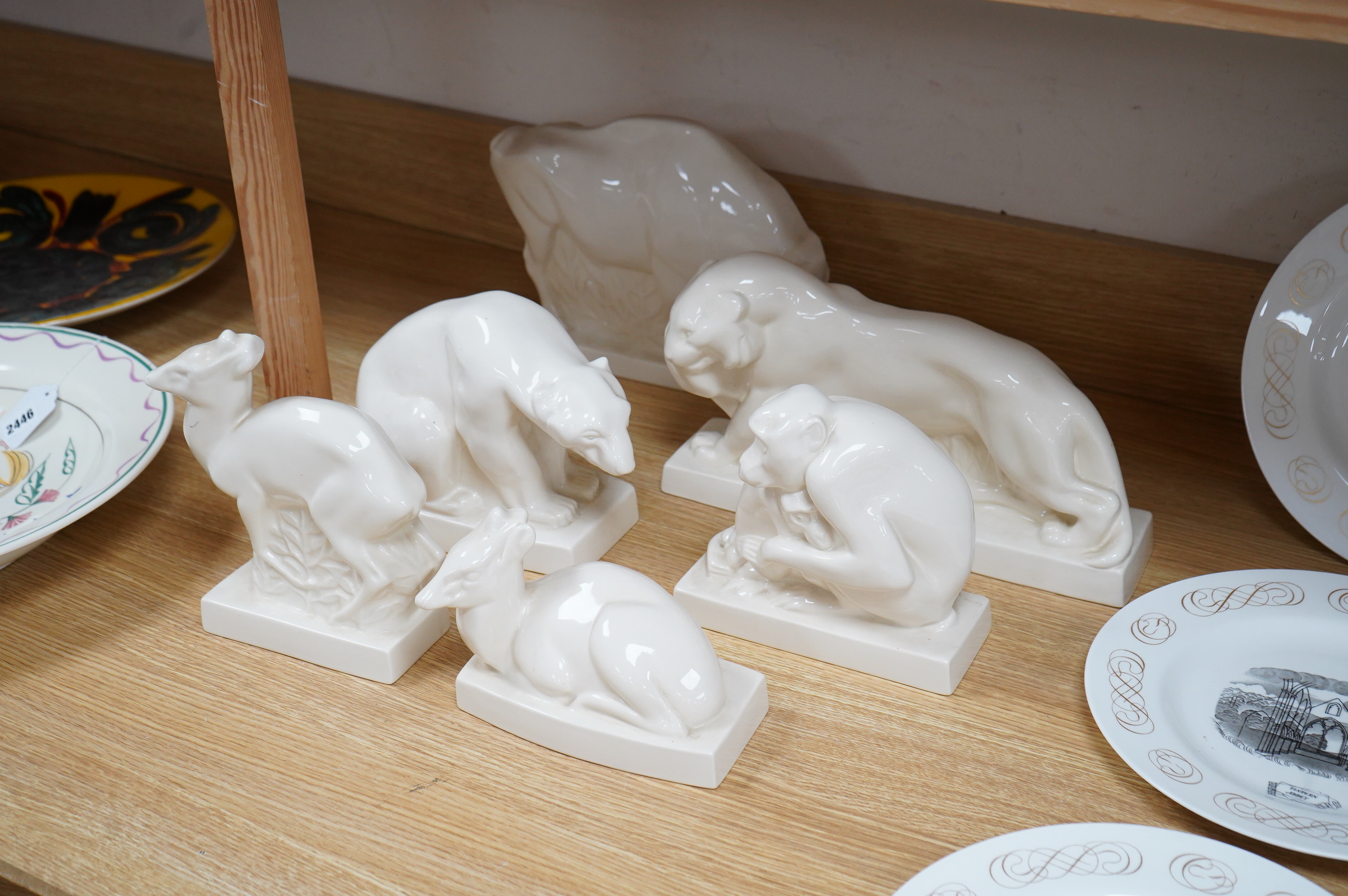 John Skeaping for Wedgwood, six animal figures comprising a Bison, Tiger, Polar Bear, deer, monkey and deer, largest 34cm wide
